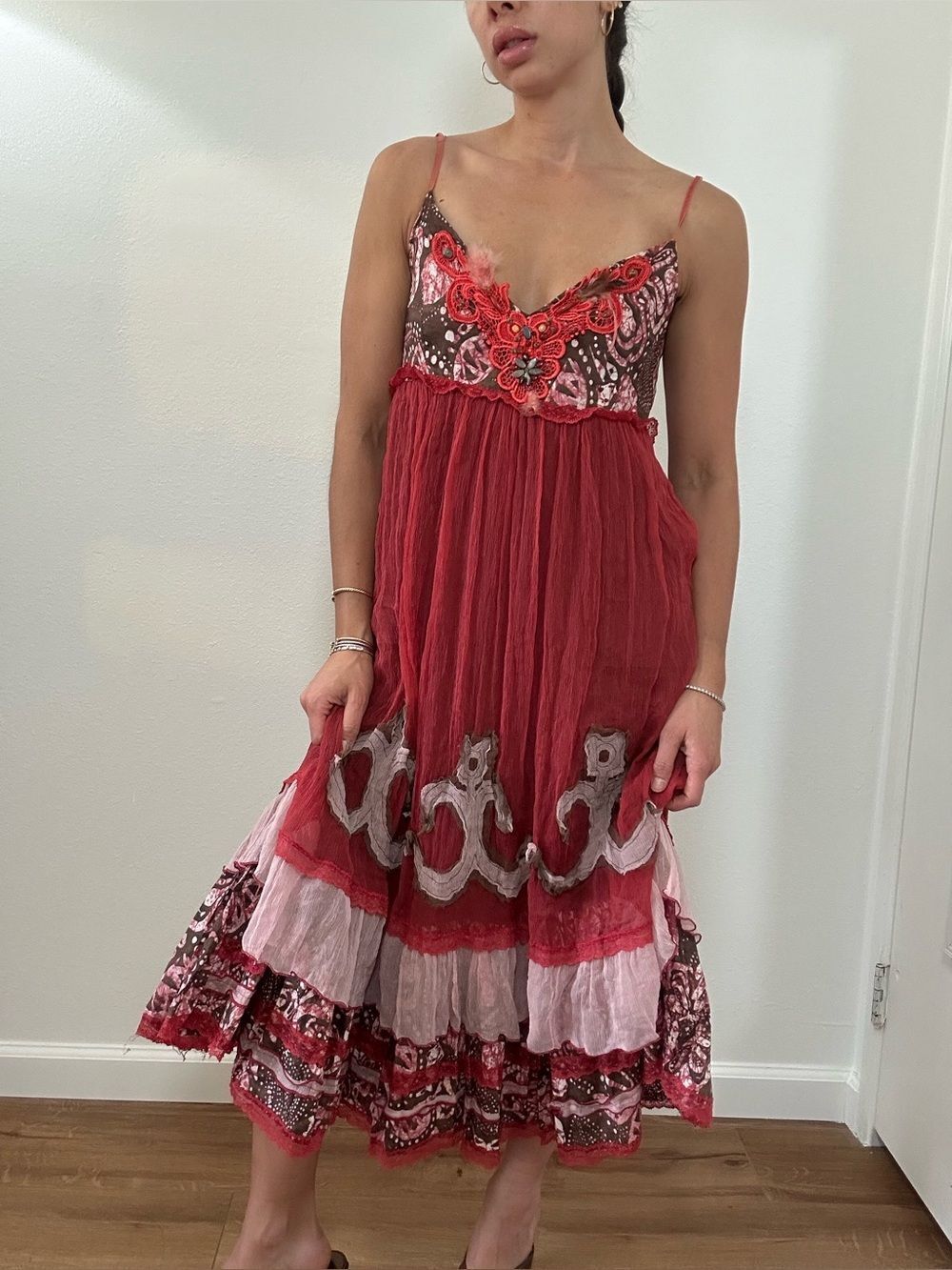 Authentic LM Lulu Paris Boho Silk Chiffon Spaghetti Strap Tiered Midi Dress S
